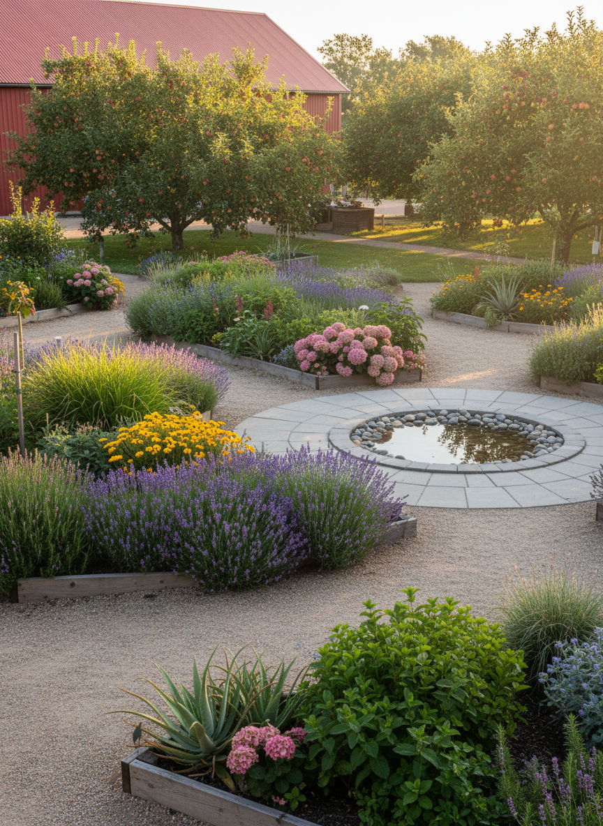 An inclusive farm’s sensory garden designed for relaxation, with curved, wheelchair-accessible gravel paths bordered by aromatic herb beds of lavender, rosemary, and mint. Raised wooden planters at different heights hold colorful flowers and textured plants, and a small, still water feature with smooth river stones adds reflective calm. In the distance, a red-roofed barn peeks through fruit trees. Late-afternoon golden hour sunlight filters through leaves, casting dappled patterns on the paths and highlighting the variety of greens and blossoms. Photographic realism, captured from a slightly elevated angle following the curve of the path, with moderate depth of field. The atmosphere is serene, inclusive, and restorative, emphasizing nature, accessibility, and quiet contemplation.