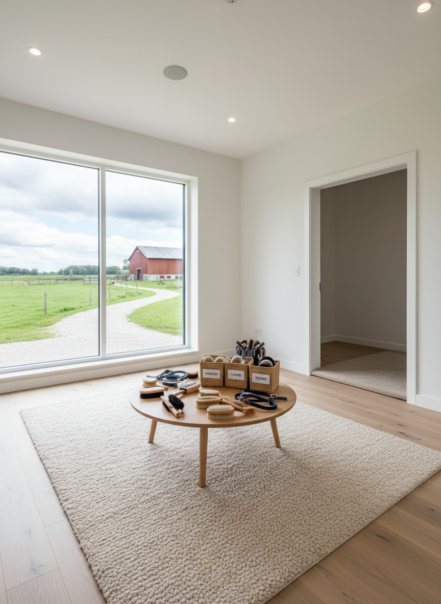 A bright, accessible therapy room on an inclusive farm, designed for animal-assisted activities, featuring a large panoramic window overlooking green pastures and a distant barn. In the center lies a thick, neutral-toned rug with a low, smooth wooden table holding neatly arranged grooming brushes, soft halters, and labeled storage baskets. A well-cushioned, wide doorway threshold and clear, unobstructed floor show barrier-free design. Diffused daylight fills the room, reflecting off pale wooden floors and white walls to create a calm, professional mood. Photographic realism, shot from a slightly elevated angle with balanced composition and clean, modern details that emphasize safety, organization, and serenity.