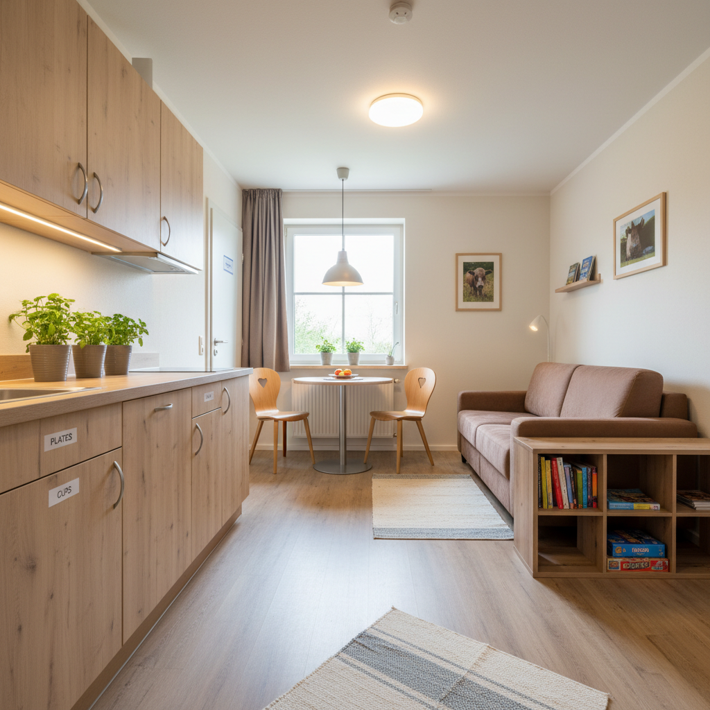 A cozy, fully furnished ambulant living apartment on the inclusive farm, with a compact open-plan layout. A simple, light-wood kitchenette with accessible, low-height countertops and clearly labeled cupboards runs along one wall, while a small dining table with two chairs sits near a wide window ledge displaying potted herbs. The living area features a comfortable, wipe-clean fabric sofa in warm gray and a low shelf with a few neatly arranged books and board games. Soft, warm pendant lighting combines with gentle natural light from the window, creating an inviting, homelike yet professional mood. Photographic realism, eye-level shot with slight wide angle, showing thoughtful, barrier-free design and calm, neutral colors.