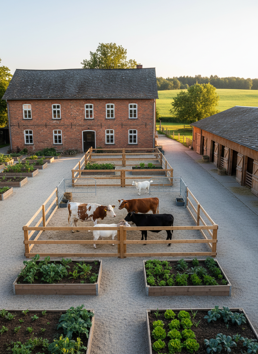 A well-tended inclusive farm courtyard at Hof GutSchönberg, with a spacious red-brick farmhouse in the background and neatly arranged wooden stables to the side. In the gravelled center stand sturdy wooden fences surrounding a few calm, mixed-breed farm animals such as cows and goats, all with clean, brushed coats. Raised vegetable beds with rich, dark soil and orderly green rows frame the scene. Soft late-afternoon natural light bathes the yard, casting gentle shadows and giving the bricks a warm glow. Photographic realism, eye-level composition with sharp focus throughout, evoking a professional yet welcoming atmosphere that conveys structure, care, and rural tranquility without any human presence.