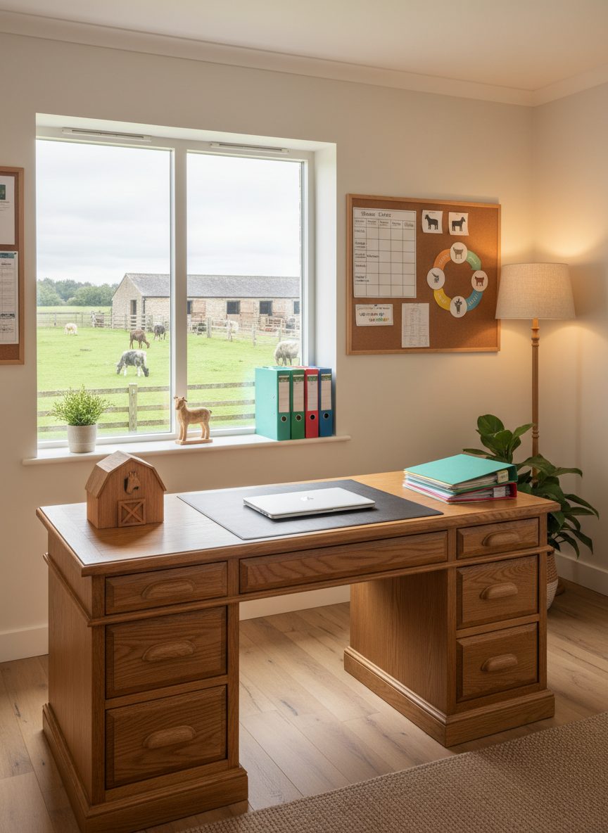 A tidy inclusive farm office and consultation space, with a large oak desk facing a broad window that overlooks grazing fields and a distant stable. On the desk sit a closed laptop, organized folders with color-coded tabs, and a small wooden model of a barn symbolizing the farm concept. A corkboard on the wall displays neatly pinned schedules, animal icons, and simple, high-contrast diagrams. Soft, indirect daylight fills the room, complemented by a minimalist floor lamp emitting warm, even light. Photographic realism, eye-level shot with centered composition and sharp focus, creating a professional, transparent, and trustworthy atmosphere that reflects the structured planning behind ambulant living and animal-assisted services, without any people shown.
