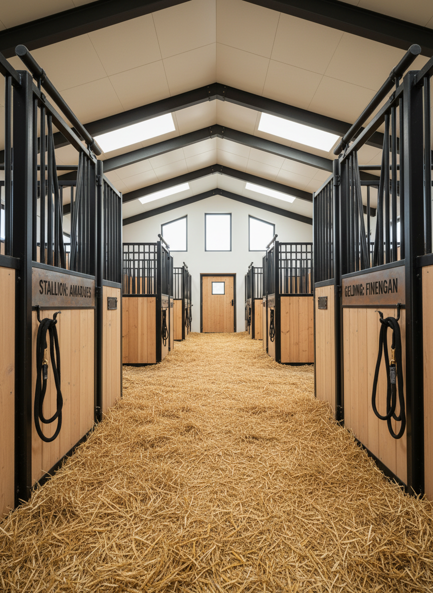 A close-up interior view of a modern inclusive farm stable at Hof GutSchönberg, with large, airy box stalls made of smooth, light-colored wood and matte black metal frames. The floor is clean and lined with fresh, golden straw, and each stall front has clearly printed, easy-to-read nameplates for the animals, plus neatly coiled lead ropes on hooks. Soft skylight from overhead panels mixes with side-window daylight, producing an even, natural brightness and subtle highlights on the metal fittings. Photographic realism, shot from a low, slightly angled perspective down the central aisle, creating depth and symmetry. The mood is orderly, hygienic, and reassuring, underscoring professional animal care and structure without showing any humans.
