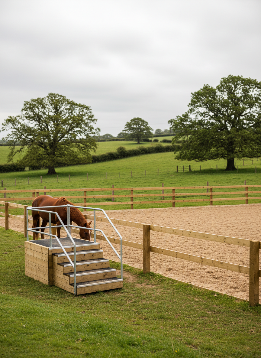 A tranquil paddock on an inclusive farm, with a broad, sandy riding arena bordered by fresh wooden rails and backed by rolling green hills and mature oak trees. A gentle chestnut therapy horse with a well-groomed, glossy coat grazes near a mounting block equipped with wide, non-slip steps and a sturdy handrail, highlighting accessibility. The sky is overcast, providing soft, even lighting that minimizes harsh shadows and enhances natural colors. Photographic realism, wide-angle landscape composition with the arena in the foreground and fields receding into the distance, creating a peaceful, secure atmosphere ideal for therapeutic animal-assisted sessions, without any people present.